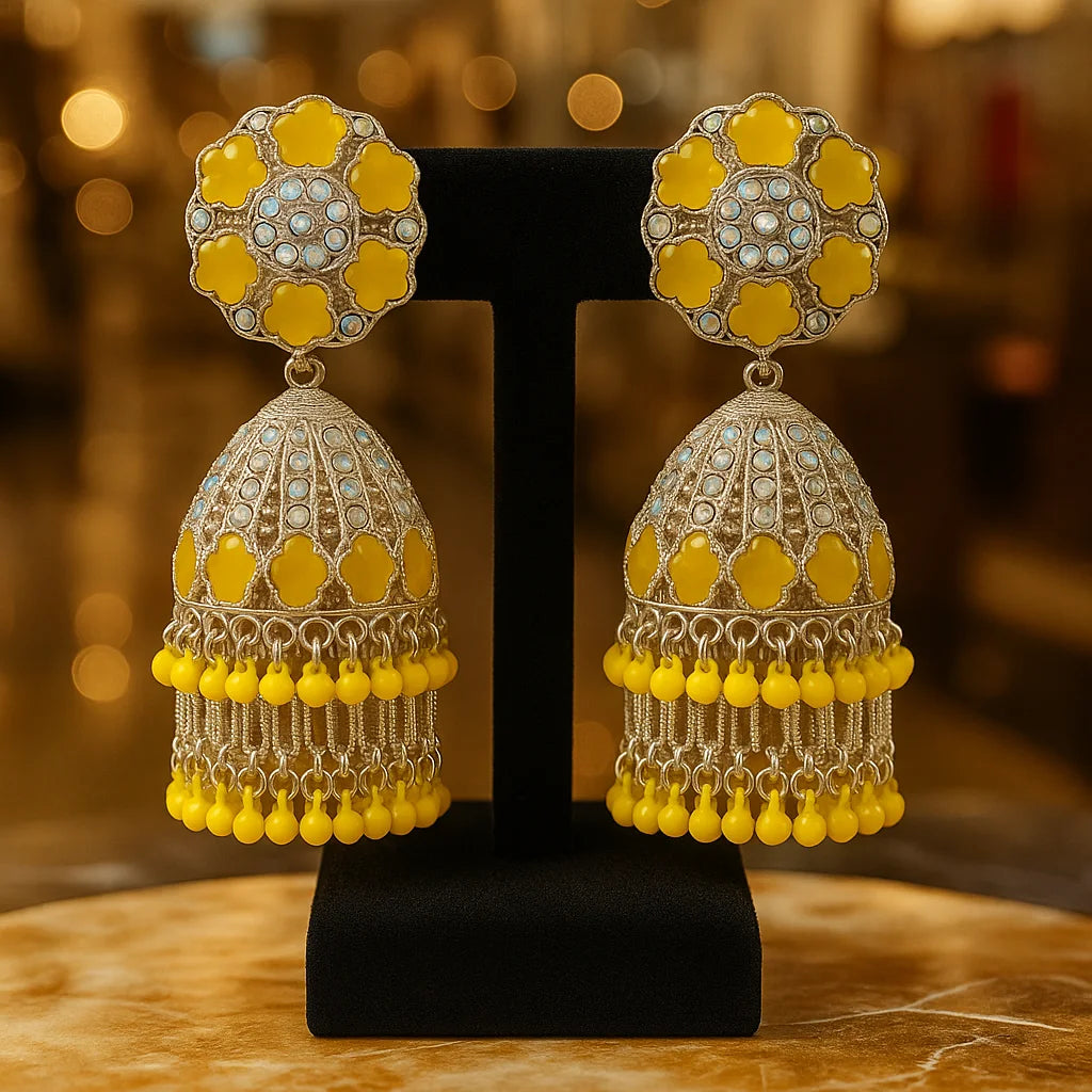 Yellow Meenakari Jhumka Earrings with Beaded Detailing