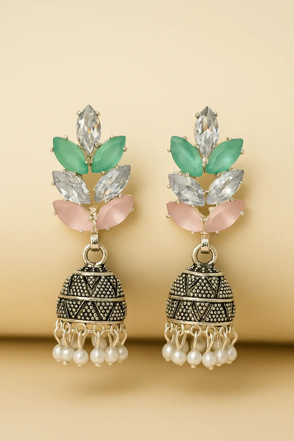 pastel-colored Jhumka earrings