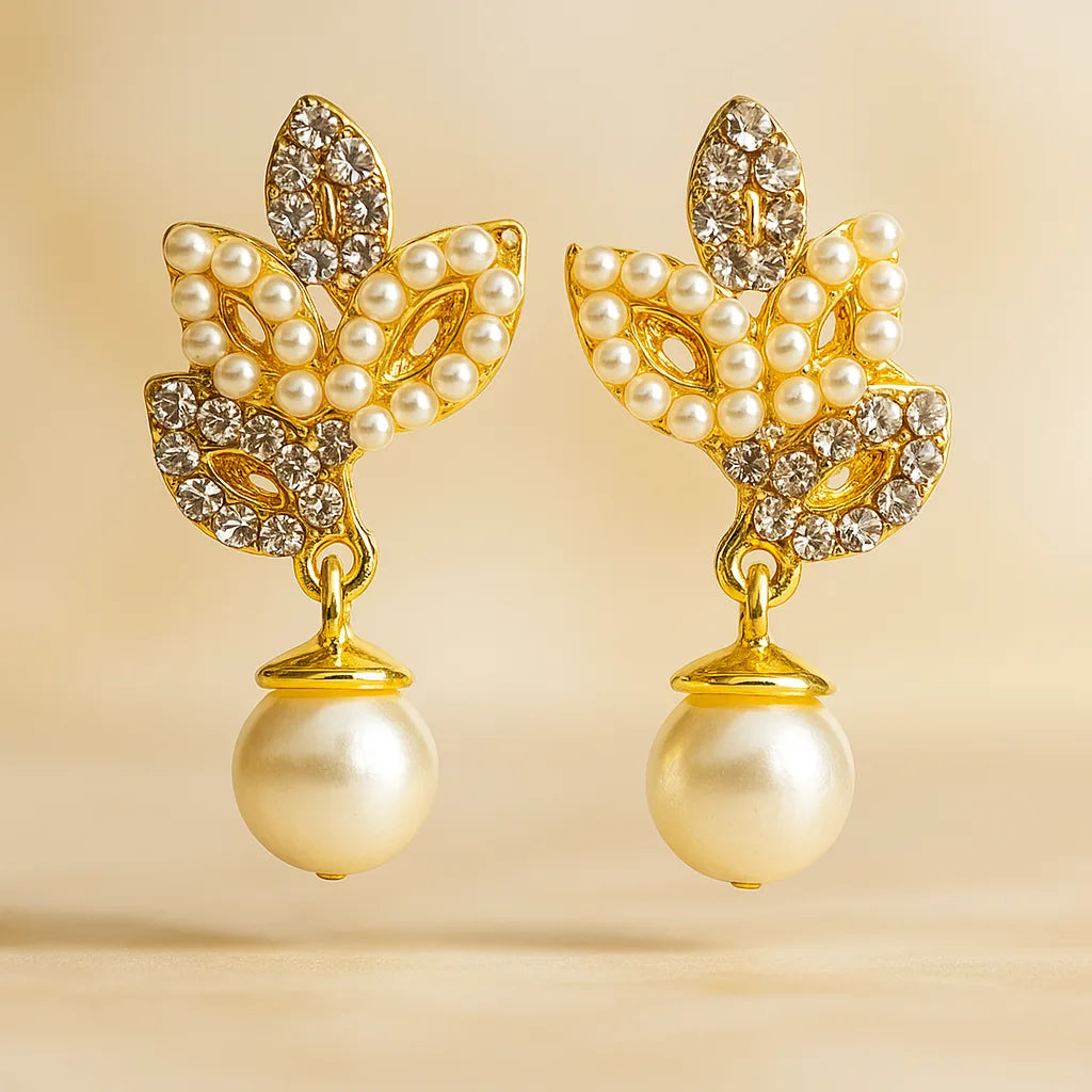 Gold-Plated Pearl & Crystal Leaf Drop Earrings
