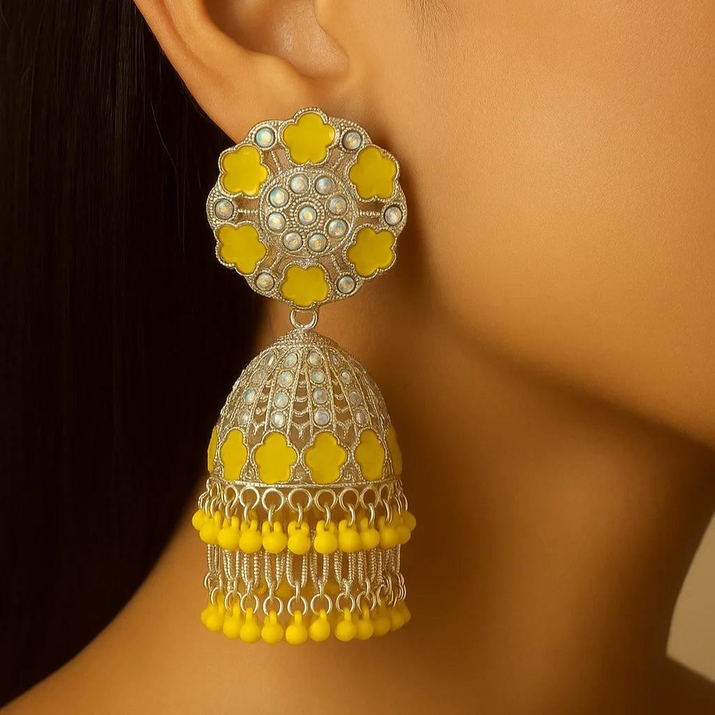 Yellow Meenakari Jhumka Earrings with Beaded Detailing