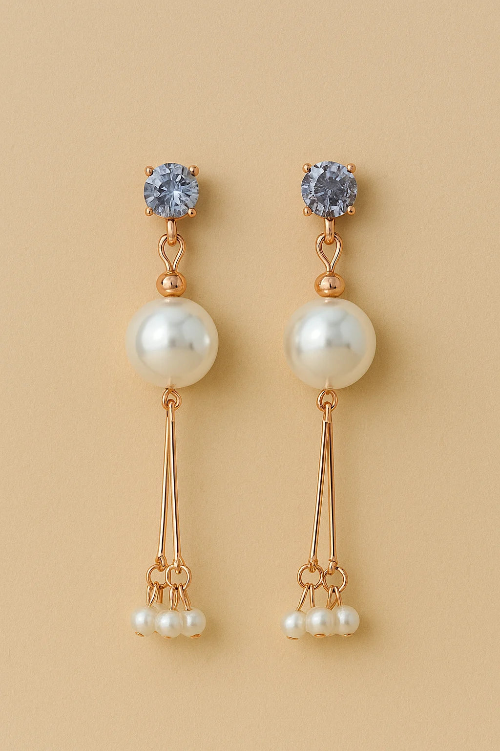 Gold Tone Clear Crystal Bar with Faux Pearl Linear Drop Earrings