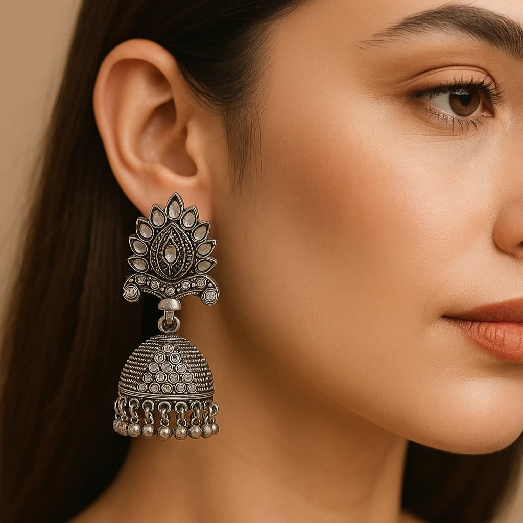 Oxidised Silver-Toned Jhumka Earring