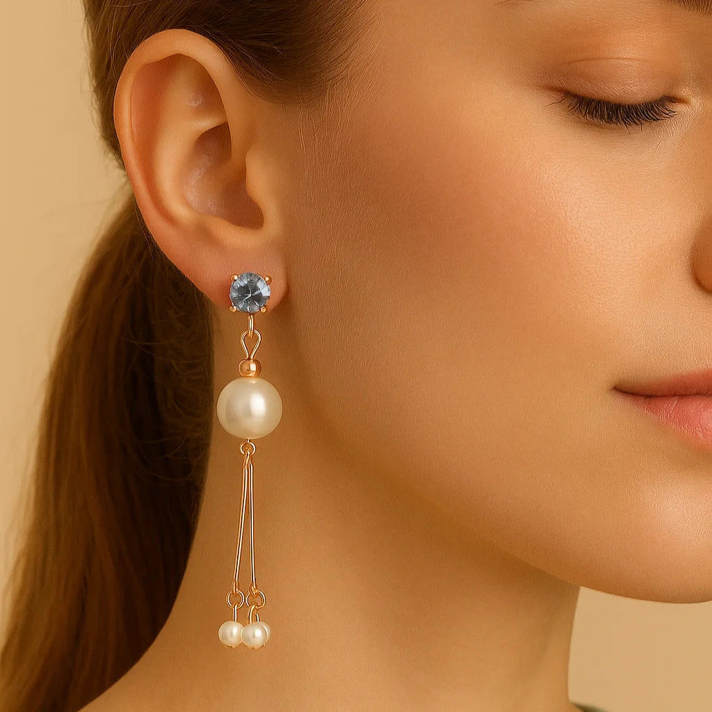 Gold Tone Clear Crystal Bar with Faux Pearl Linear Drop Earrings