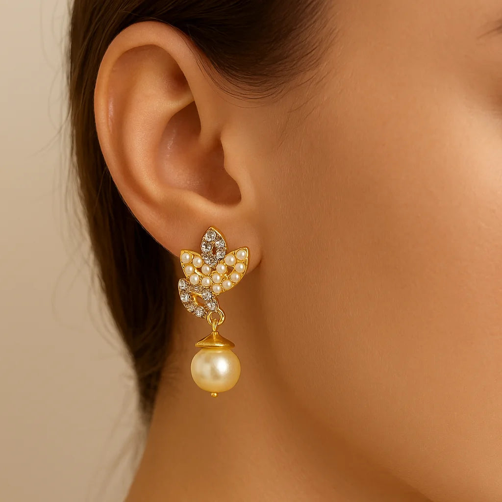 Gold-Plated Pearl & Crystal Leaf Drop Earrings