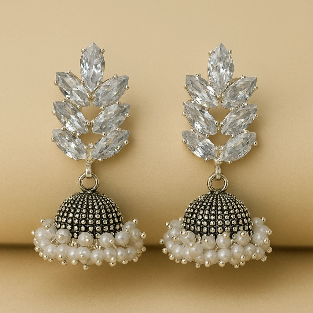 Silver Jhumka Earrings with White Stone and Pearl Embellishments