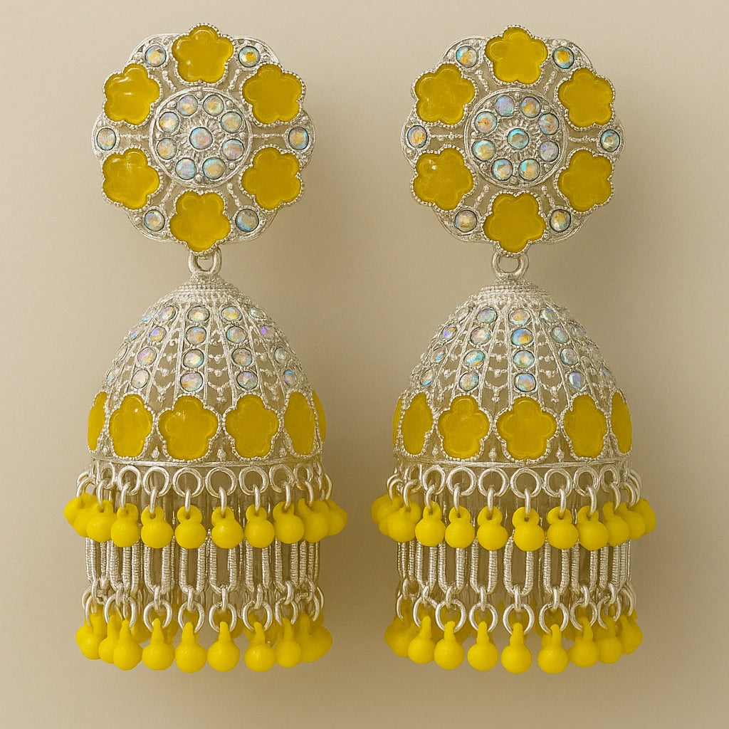 Yellow Meenakari Jhumka Earrings with Beaded Detailing